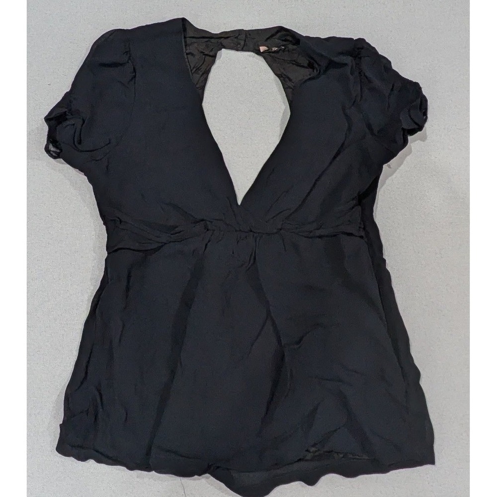 Topshop Blouse Women 16 Black Excellent Open Back Deep V-Neck Puff Sleeve